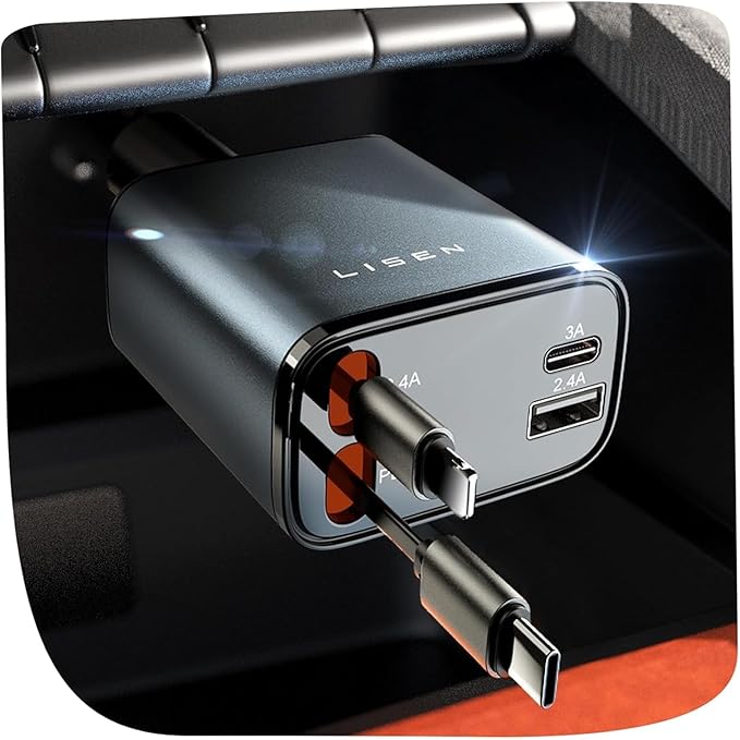 LISEN Retractable Car Charger, 84W Car Charger USB C Fast Charger Adapterfor iPhone, Travel Essentials Car Accessories for Men Women, Gifts for Fathers Day for Men Women for iPhone 17 16 15 14 13 12