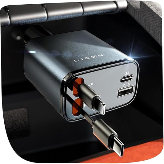 LISEN Retractable Car Charger, 84W Car Charger USB C Fast Charger Adapterfor iPhone, Travel Essentials Car Accessories for Men Women, Gifts for Fathers Day for Men Women for iPhone 17 16 15 14 13 12