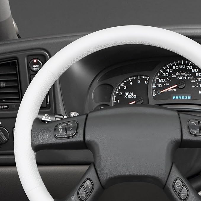 MEWANT Hand Stitched Steering Wheel Cover for Chevy Silverado 1500 2003-2006 DIY White Faux Leather Steering Wheel Wrap