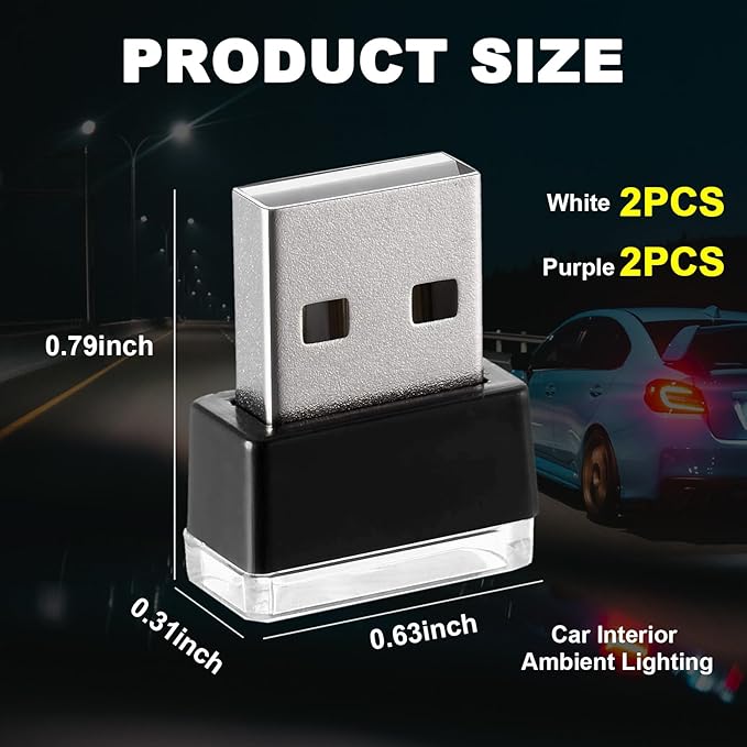Ziciner 4 PCS USB LED Car Interior Atmosphere Lamp, Portable Mini LED Night Light, Plug-in USB Interface Trunk Ambient Lighting Kit, Universal Interior Accessories for Most Vehicles (White, Purple)