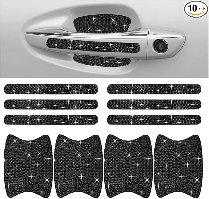 JOYCOURT 10PCS Bling Car Door Handle Anti-Scratch Sticker, Universal Car Doors Handles Protective Cover, Shiny Rhinestone Auto Decor Accessories for Women (Black)