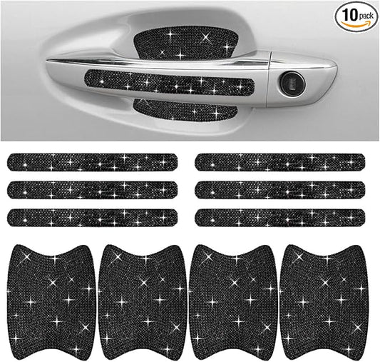 JOYCOURT 10PCS Bling Car Door Handle Anti-Scratch Sticker, Universal Car Doors Handles Protective Cover, Shiny Rhinestone Auto Decor Accessories for Women (Black)