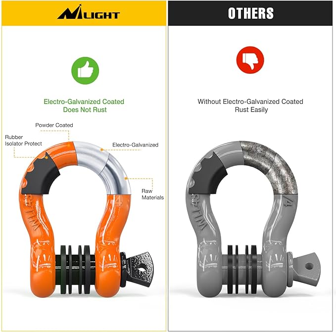 Nilight 3/4 inch D Ring Shackle 2 Pack 19T (41,887 lbs) Break Strength 4.75T WLL Heavy Duty Towing Hook with Anti-Theft System Anti-Rattle Isolators for Truck Jeep SUV ATV UTV Recovery Orange