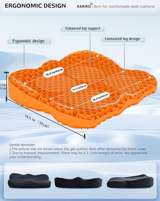 Gel Seat Cushion for Long Sitting(Enlarged & Thickened), Cooling Pressure Relief Seat Cushion for Wheelchair, Driving, Kayak, Office Desk Chair Seat Pad Gel for Heavy People[Orange-2.75"Thick]