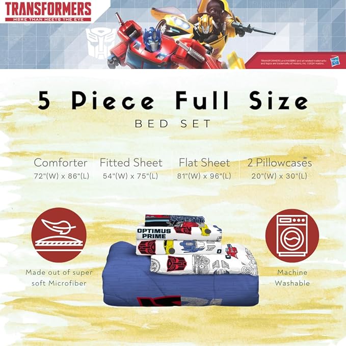 Transformers Optimus Prime Kids Bedding Super Soft Microfiber Comforter and Sheet Set, 5 Piece Full Size, (Officially Licensed Product) by Franco