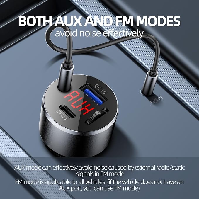 AUX Car Adapter FM Transmitter,iMyOnly QC/PD All-Metal Bluetooth V5.4 AUX Adapter for Car Music Player, Bluetooth Transmitter with Hands-Free Calling