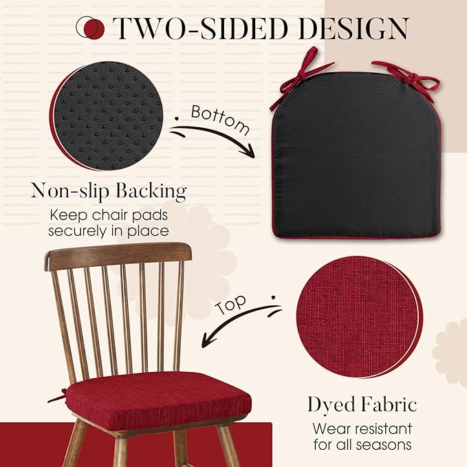 Basic Beyond Chair Cushions for Dining Chairs 4 Pack, Kitchen Chair Cushions with Ties and Non Slip Backing, 16 x 16 inches Chair Pads for Dining Chairs (Red)