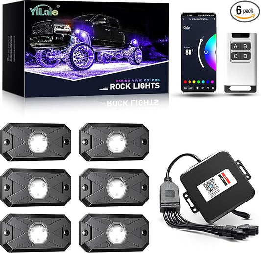 YiLaie RGB LED Rock Lights Kit, 6 Pods Underglow Multicolor Neon Light with App/RF Remote Control, Flashing Music Mode, Multicolor Wheel Well Light for Trucks ATV UTV RZR SUV Golf