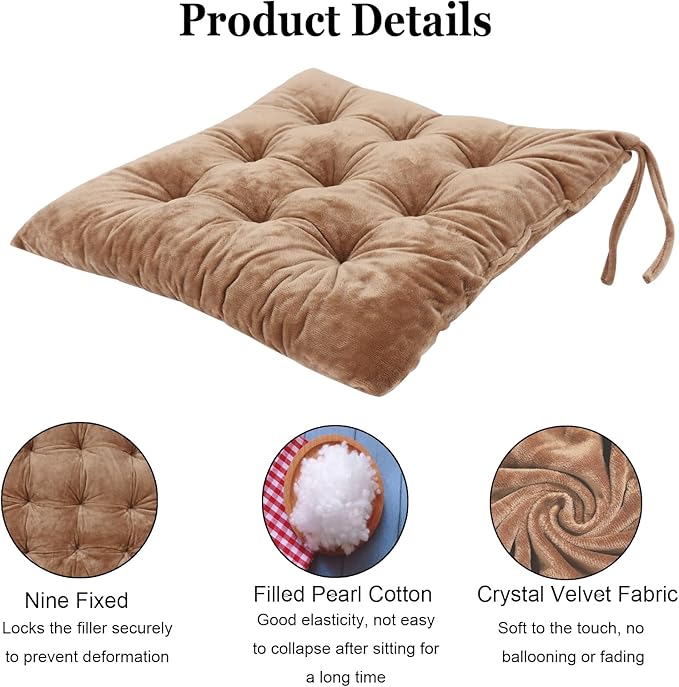 6 Pack Square Seat Cushion Chair Pads for Kitchen Dining Chairs, Soft Comfort Velvet Chair Mat Pillow Cushions with Ties for Office Desk Living Room Tatami 15.5", Khaki
