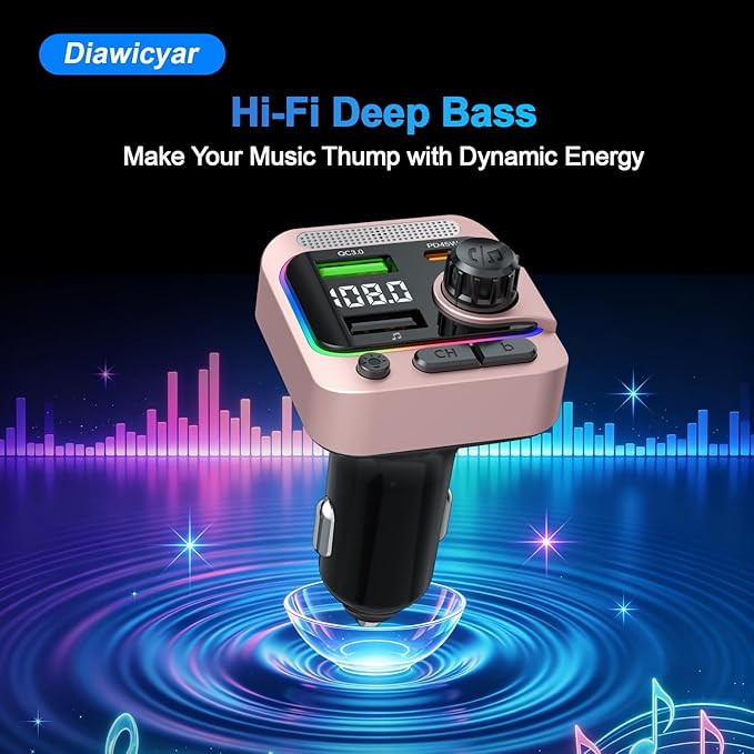 FM Transmitter Bluetooth Car Adapter - 63W Wireless Radio FM Bluetooth Transmitter with Deep Bass Player for Old Cars [PD 45W & QC3.0], Car Charger USB C Fast Charge, Hands-Free Calling, Pink