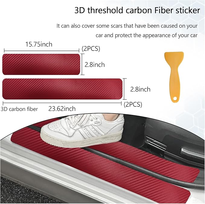 Dickno 4 PCS Car Door Sill Protector, 3D Carbon Fiber Auto Door Entry Edge Guard Protection Trim, Anti-Scratch Threshold Cover Strips, Sill Protection Sticker for Car SUV Truck (Red)