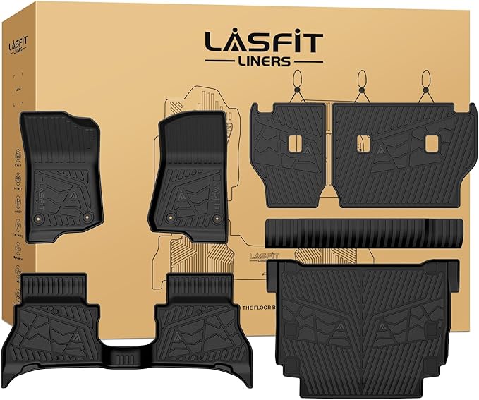 LASFIT Floor Mats for Jeep Wrangler Unlimited 4XE 2021-2025 4 Door Without Subwoofer, Plug-in Hybrid EV-Gas (PHEV), All Weather Car Mats Floor Liners Cargo Liner Seatback Cargo Mat Black