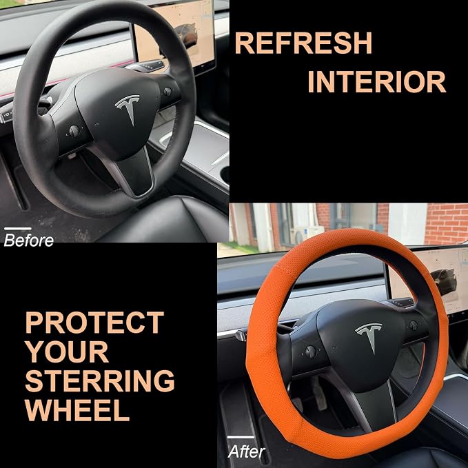 PINCTROT Supported Grip Nappa Leather Steering Wheel Cover for Tesla Model Y/3 Highland/Juniper, D Shaped 14 Inch Small Sized with Breathable Perforation, Flat Bottom 14 Inch(Hot Orange)