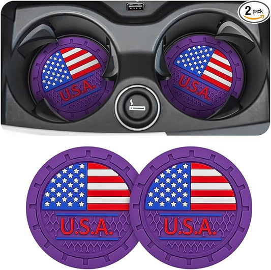 AUCELI 2 Pack Car Cup Holder Coasters, Colored American Flag US Flag Insert Car Cup Coaster, 2.75 Inch Anti Slip Shockproof Embedded Drink Mat, Vehicle Interior Decor Accessories