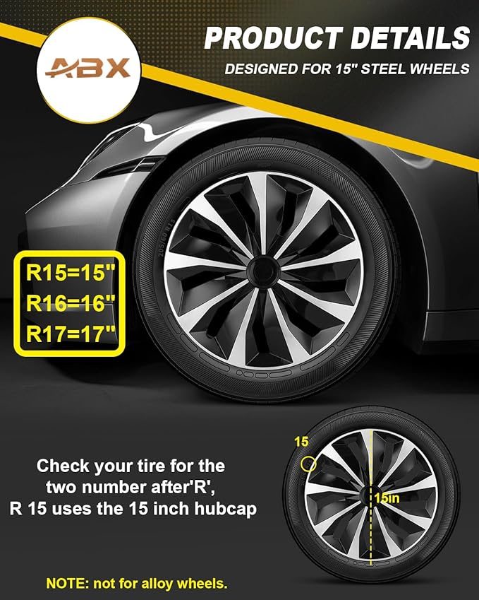 ABX Hubcaps, 15 inch hubcaps Set of 4, Wheel Rim Cover ABS Material, Snap On Car Truck SUV Replacement, for Toyota Camry Nissan Mazda etc, Black & Silver