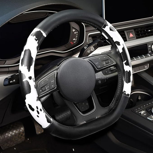 ZHOL Cow Print Steering Wheel Cover, D Shaped Car Wheel Cover Microfiber Leather 14 1/2-15 in (37-39 cm)
