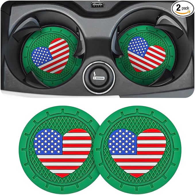 AUCELI 2 Pack Car Cup Holder Coasters, Colored American Flag US Flag Insert Car Cup Coaster, 2.75 Inch Anti Slip Shockproof Embedded Drink Mat, Vehicle Interior Decor Accessories