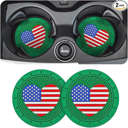 AUCELI 2 Pack Car Cup Holder Coasters, Colored American Flag US Flag Insert Car Cup Coaster, 2.75 Inch Anti Slip Shockproof Embedded Drink Mat, Vehicle Interior Decor Accessories