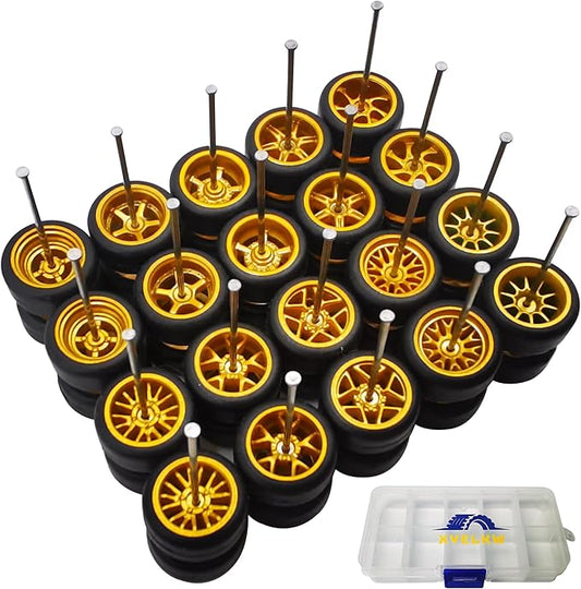 1/64 Wheels and Tires Set, 10-Pack 1 64 Scale Wheels with 10 for 1/64 Diecast Cars Upgraded and Modified Rubber Tires(Diameter 0.43in/11mm) (Gold)