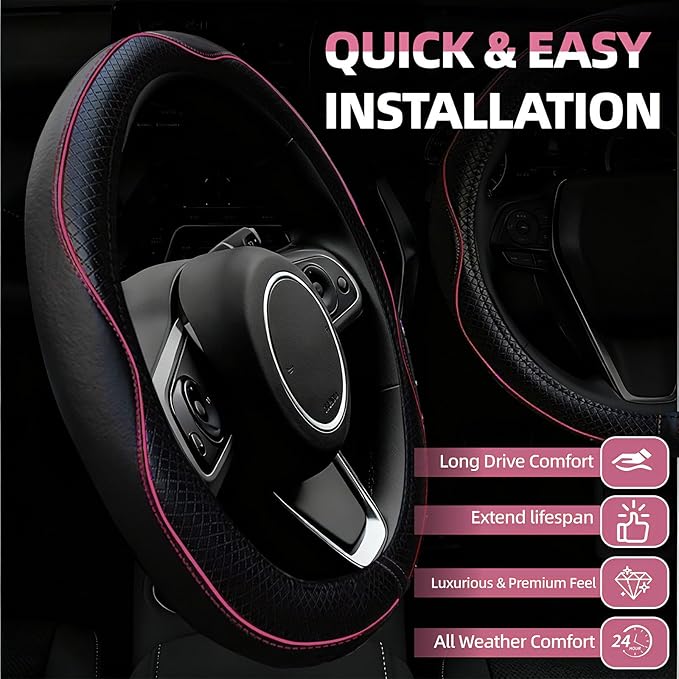 NBTEPEM 6 PCS Car Steering Wheel Cover Set, Microfiber Leather Steering Wheel Covers Universal 14.5-15 inch, Center Console Cover, Seat Belt Cushion, Cup Holder Coaster, Car Accessories Set Pink