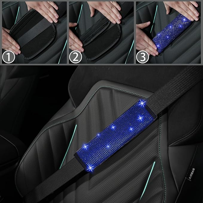 NBTEPEM 8 pcs Blue Bling Car Accessories Set for Women, Steering Wheel Cover, Sparkly Seat Belt Covers, Bling Gear Shift Cover, Universal Fit Most Cars (Blue Diamond)