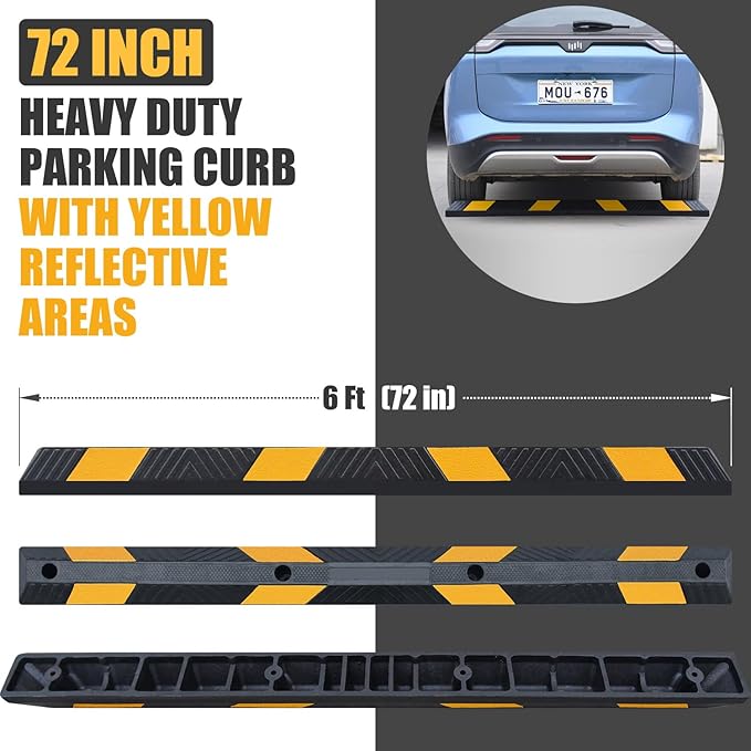 72" Heavy-Duty Rubber Parking Curb, Installation Kits Included 6-Foot Wheel Stopper for Garage, Driveway & Parking Lot Vehicles Truck Driveway Protect Cars Vans Trucks Pumpers (72" - 2Pack)