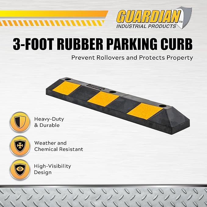 Guardian 10 Pack Parking Stop, 3 Foot Long Flexible Rubber Curb, Highly Visible Accessory with Mounting Holes for Job Sites and Garages, Black/Yellow