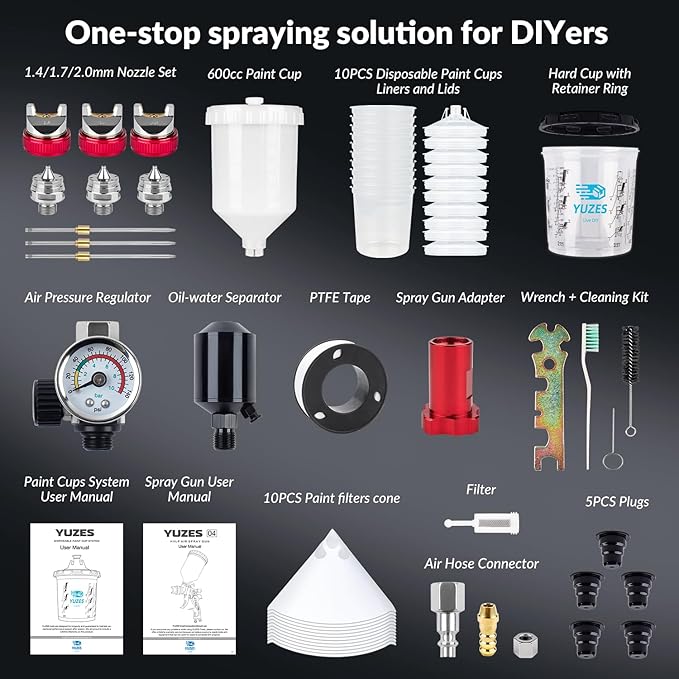 YUZES HVLP Spray Gun Premium Kit with 1.4/1.7/2.0mm Nozzles, Air Spray Gun for Painting Cars, Furniture, DIY, 10 Disposable Paint Gun Cups & 600ml Mixing Cup with Ratio, with Paint Sprayer Accessories