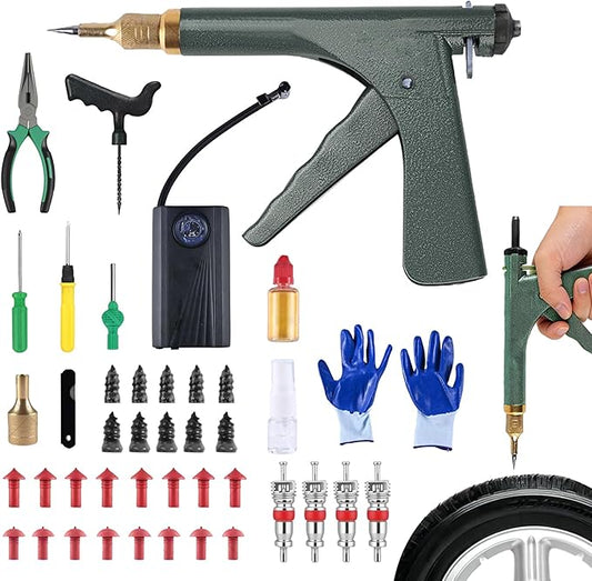 tire Plug kit Motorcycle tire Repair kit tubeless tire Repair kit Suitable for Punctured and Flat Tires of Motorcycles, Cars, ATVs and Lawn mowers; Includes an inflator（Green ）