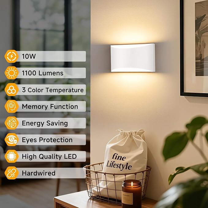 MATAMEYE Modern LED Wall Sconce Set of 2, White Indoor Wall Lighting Fixture with 3 Colors Temperatures, 10W Up/Down Hardwired Wall Mount Lamp for Bedroom Living Room Hallway