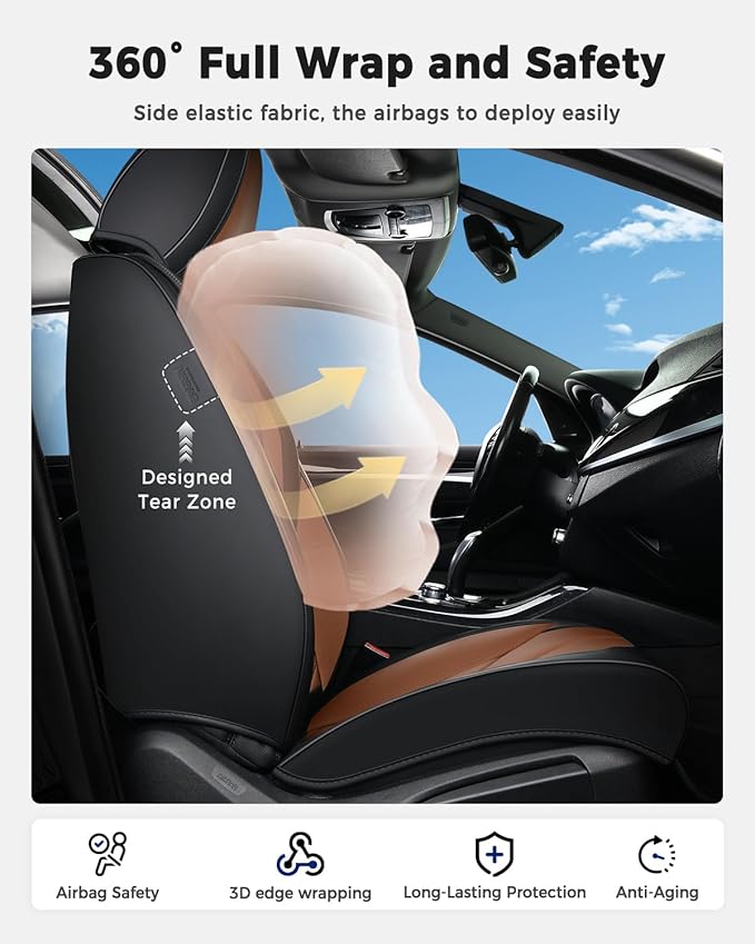 Huidasource Seat Covers Full Set, Universal Fit for Most Cars SUV Trucks, Full Coverage Leather Seat Cover, Airbag, Cupholder Compatible, Seat Function Retain, Easy Install with Velcro, Black & Brown