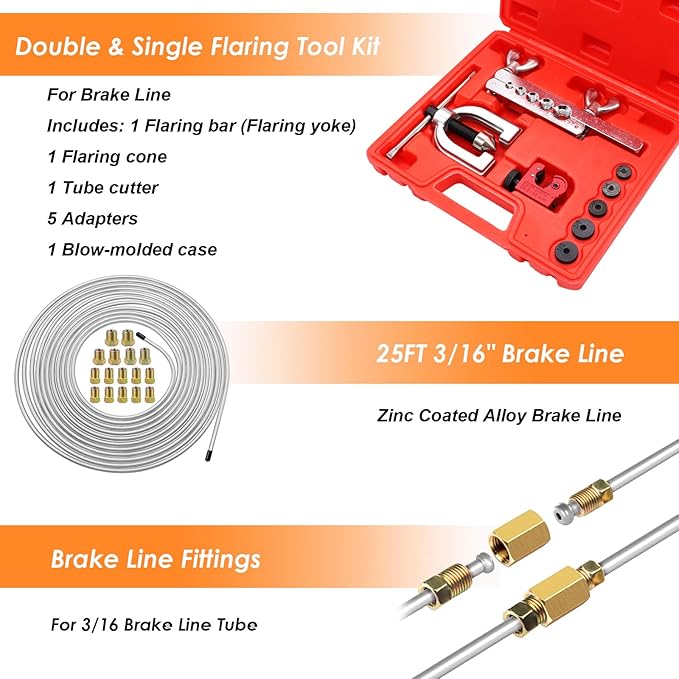 25 ft 3/16inch Zinc Coated Alloy Brake Line Kit(Includes 24 Fittings and 4 Unions) with Tube Bender and Double & Single Flaring Tool Kit