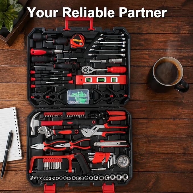 238 Piece Home Repair Tool Kit, Basic Household Hand Tool Set with Portable Hard Case, General Daily Maintenance Tool Box for Homeowner DIY Projects, Black&Red