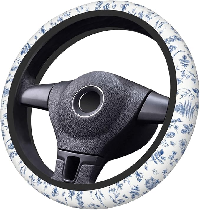 Vintage Blue Flower Steering Wheel Cover Car Decor