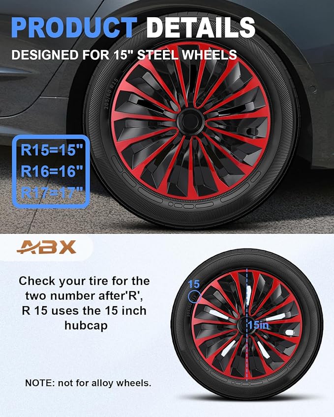ABX Hubcap Wheel Covers Hub Caps 15 Inch Set of 4 Black & Red Universal Wheel Rim Cover R15 Stylish Car Decor Wheel Covers for Toyota Camry Nissan Mazda (TT Black & Red, 15 inch)