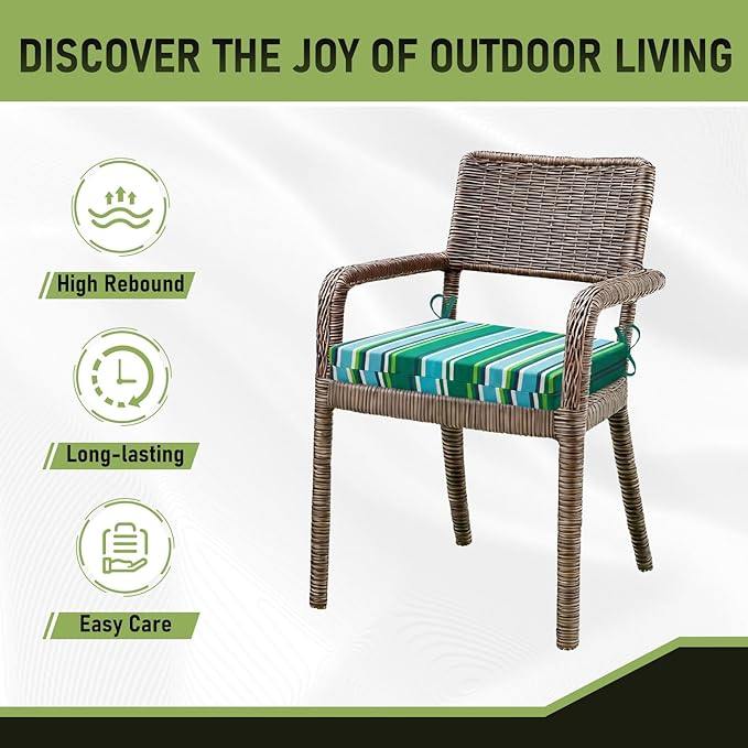 Basic Beyond Outdoor Chair Cushions Set of 4, Square Corner Outdoor Cushions for Patio Furniture, Water Resistant Patio Chair Cushions with 2 Ties, 18.5x16x3, Pinstriped Green