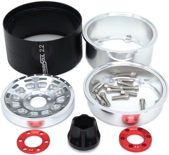 HOBBYSOUL RC 2.2 Beadlock wheels and tires, 124mm Tall 2.2 Mud Slingers Tires & Adjustable Offset 2.2 Wheels Rims Silver For RC Mud Crawler Trail Gen8 Everest 10 Axial Capra Wraith, (4-Pack)