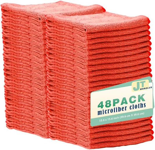 48 Pack 16'x16' Microfiber Household Cleaning Cloths - Multi-Purpose, Machine Washable, Absorbent Towels for Kitchen, Car, Home Appliances (16x16 48pk Red)