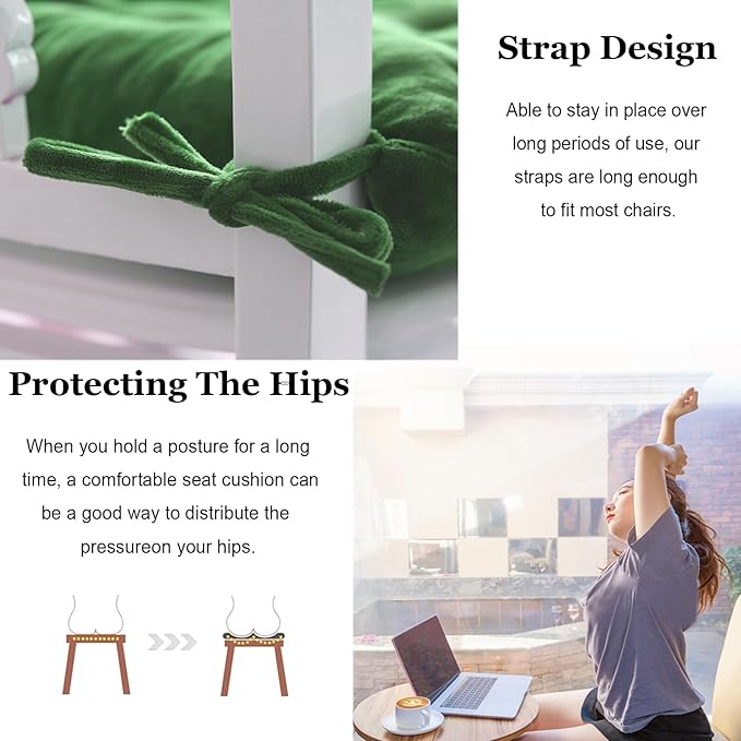 2 Pack Square Seat Cushion Chair Pads for Kitchen Dining Chairs, Soft Comfort Velvet Chair Mat Pillow Cushions with Ties for Office Desk Living Room Tatami 15.5", Green