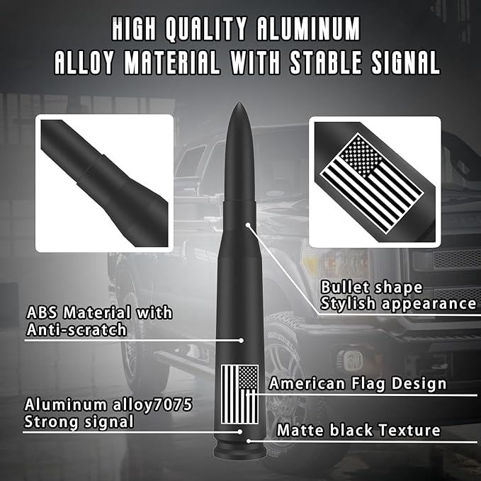 America Flag Truck Car Bullet Antenna with Valve Stem Caps Mast for GM Chevy Silverado 1500 2500 3500 HD Ford F150 F250 F350 Denali Heavy Pickup Jeep AM/FM Truck Accessories (Matte Black)-Anti Theft