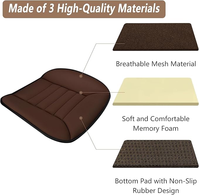 MYFAMIREA 2PCS Car Seat Cushion Pad 1.2" Thick Comfort Seat Protector for Car Driver Seat Office Chair Home Use Memory Foam Seat Cushion with Non Slip Bottom, 20'' x 18.5'', Coffee