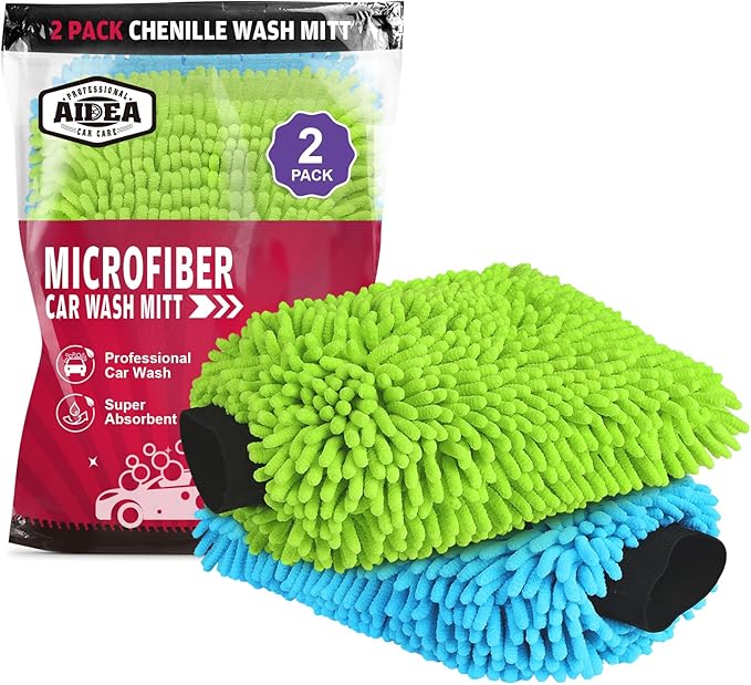 AIDEA Car Wash Mitt Microfiber, 2PK Scratch Free Lint-Free, Premium Chenille Microfiber Mitt Car Wash Brush, Green & Blue, Extra Large Size 8''X12''