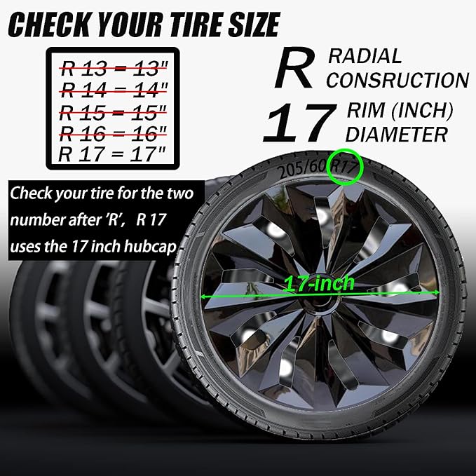 Hubcap Wheel Cover Replacement R17 Hub Caps Universal-Fit Steel Wheel Rim Cover ABS Material Exterior Accessories for Most Car Truck SUV -Set of 4（17-inch，Black）