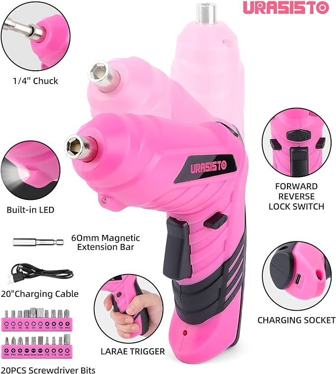URASISTO Pink Household Tool Set with 3.6V USB Electric Screwdriver, 136 PCS Home Tool Kit with Cordless Lithium-ion Drill Driver, Hand Tool Kits for Women