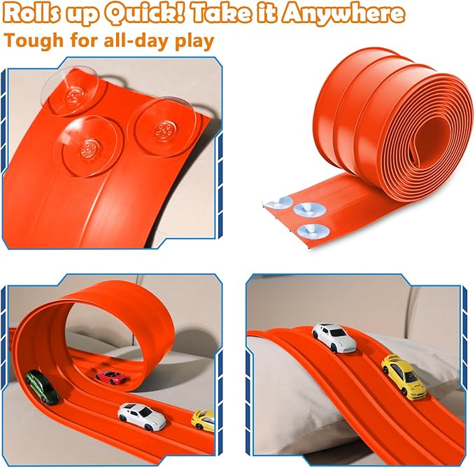 3-Lane Flexible Race Track for Kids 15ft Race Car Track Compatible with Diecast 1/64 Scale Cars, Flexible Car Track Race Ramp Toy with Strong Suction Cups