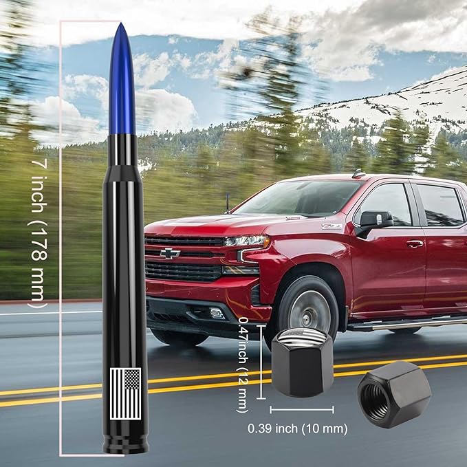 Car Truck Bullet Antenna with Tire Valve Caps American Flag Universal Short Replacement for GMC Sierra Chevy Silverado Dodge Ram 1500 2500 3500 Ford F150 F250 F350 Super Duty Raptor Accessories Blue