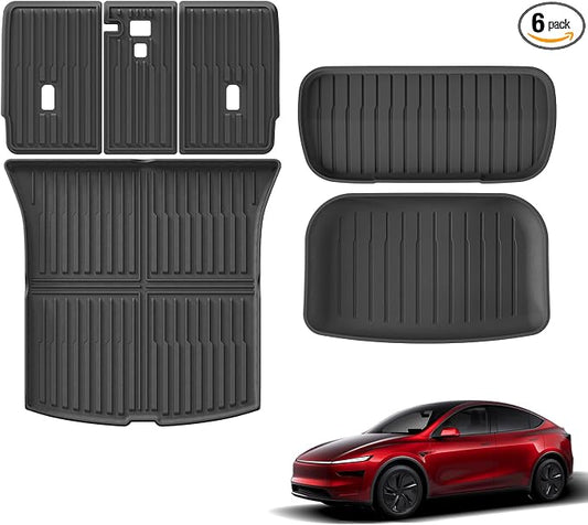 6PCS Trunk Mats & Frunk Mat & Backrest Mats for New 2025 2026 Tesla Model Y Juniper 5-Seats (Not fit Standard) All Weather TPE Cargo Mat Frunk Liner Trunk Lower Pad Accessories Interior Black
