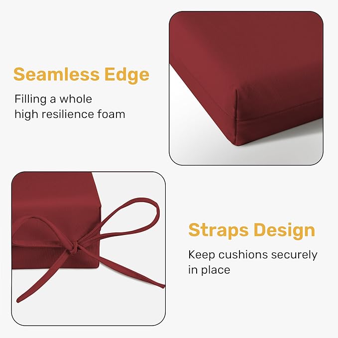 UNIKOME Outdoor Chair Cushions Pack of 4, Water Resistant Patio Cushions with Ties, High Density Sponge Filling Square Corner Seat Cushions for Outdoor Furniture, 24"*24"*4", Wine