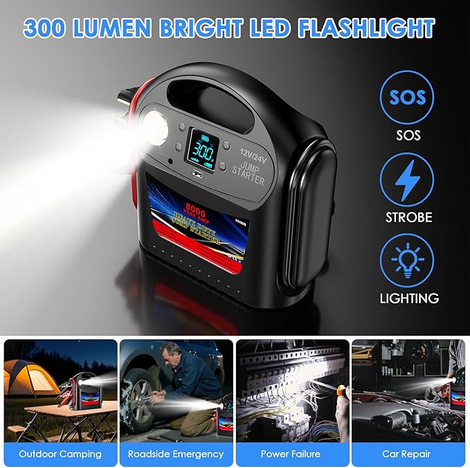 8000A 12V/24V Jump Starter for Large Gas & Diesel Engines, Heavy-Duty Portable Battery Booster Pack for Trucks, RVs & Commercial Vehicles with Force Start, Digital Display, LED Light & USB Charging
