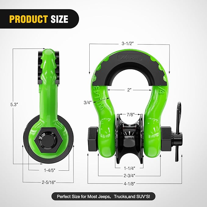 Nilight 3/4" D-Ring Shackle w/Snatch Block (2 Pack) 9,500 lb Working Load, 2-in-1 Heavy‑Duty Towing Pulley w/Isolator for Off‑Road Recovery, Winch Cable & Rope, Truck Jeep ATV UTV Tractor, Green